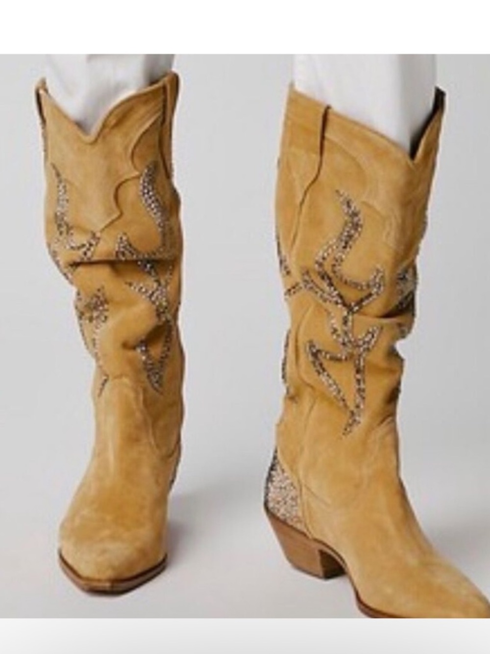 Free People Tan Suede Over-the-Knee Western Boots with Crystal Accents NEW! - Picture 2 of 9